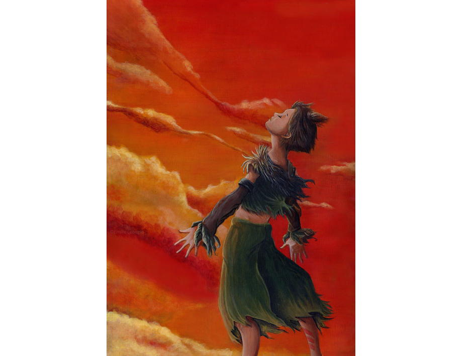Illustration personnage, ciel orange, jeunesse