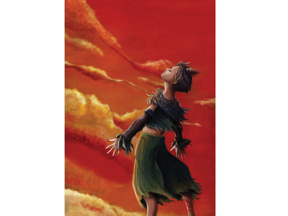 Illustration personnage, ciel orange, jeunesse