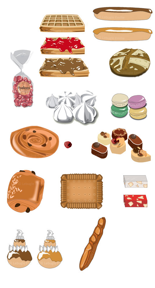 gâteaux pâtissiers, éclair, gauffre, praline, meringue, macaron, chocolat, brioche, Lu, nougat, baguette, pain, religieuse, dessin vectoriel illustrator