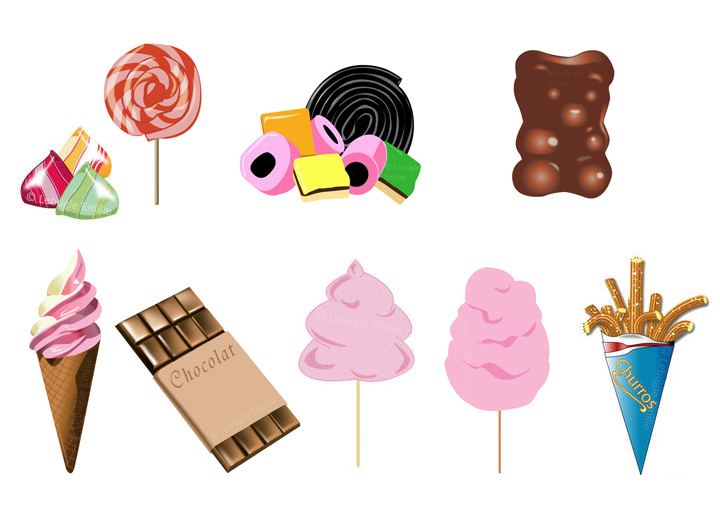 Bonbons, sucreries, glace, churros, chocolat, dessin vectoriel illustrator